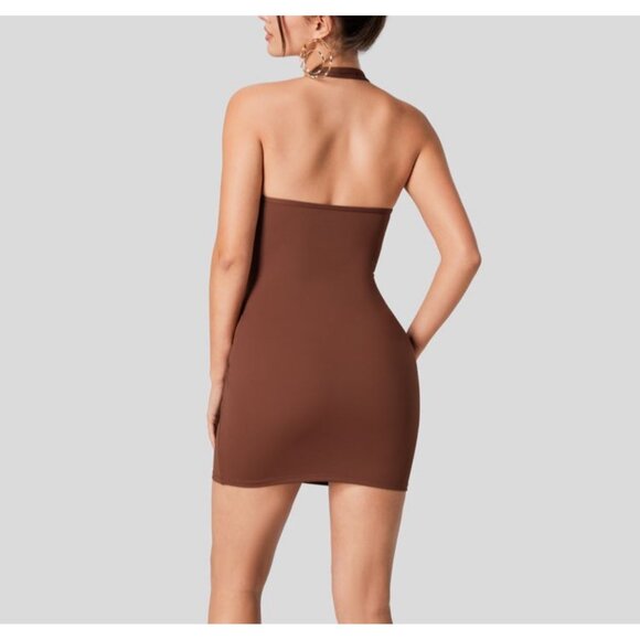 Halara Deep V Neck Halter Backless Ruched Bodycon Mini Casual Dress Sz Large Bro - Picture 10 of 14